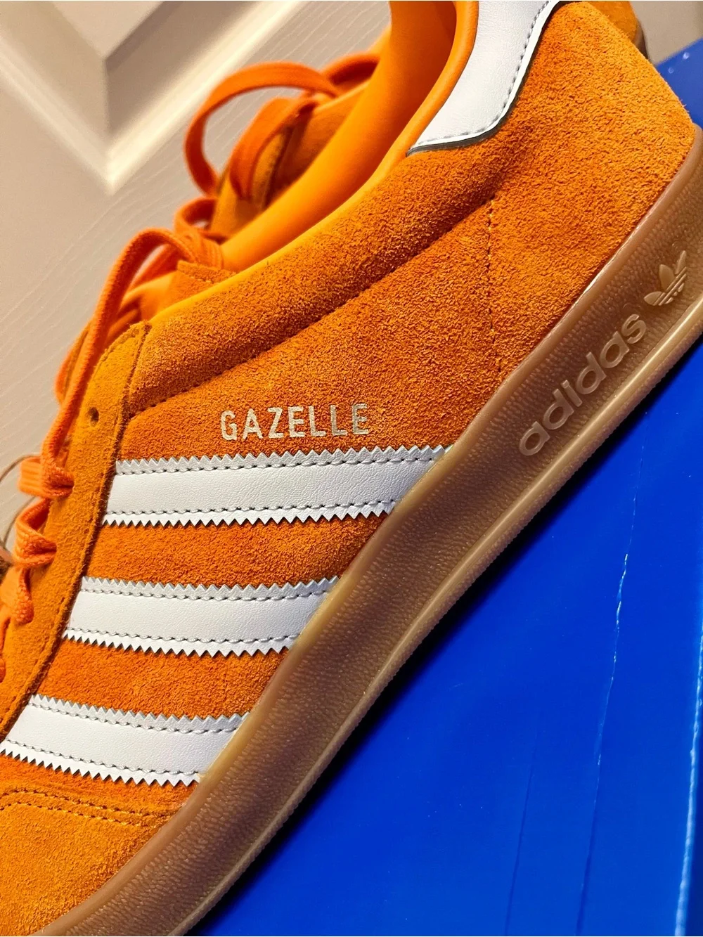 adidas Gazelle Men’s Orange Suede Sneakers with White Stripes - Picture 2 of 5